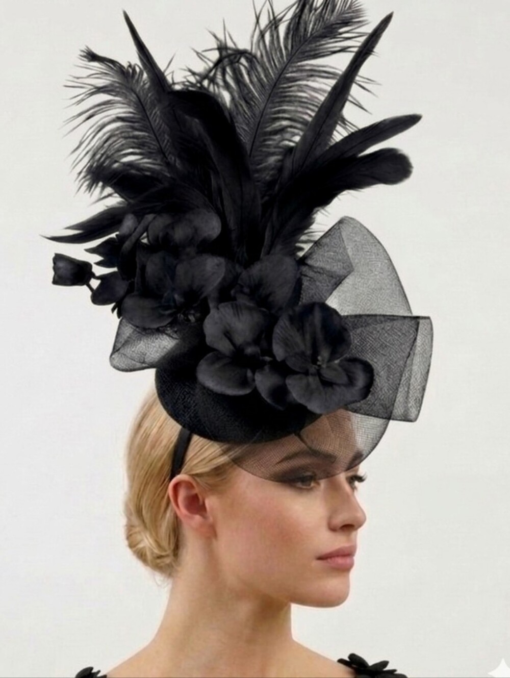 Beloved Millinery Elegant Sculpted Couture Black Feather Floral Fascinator